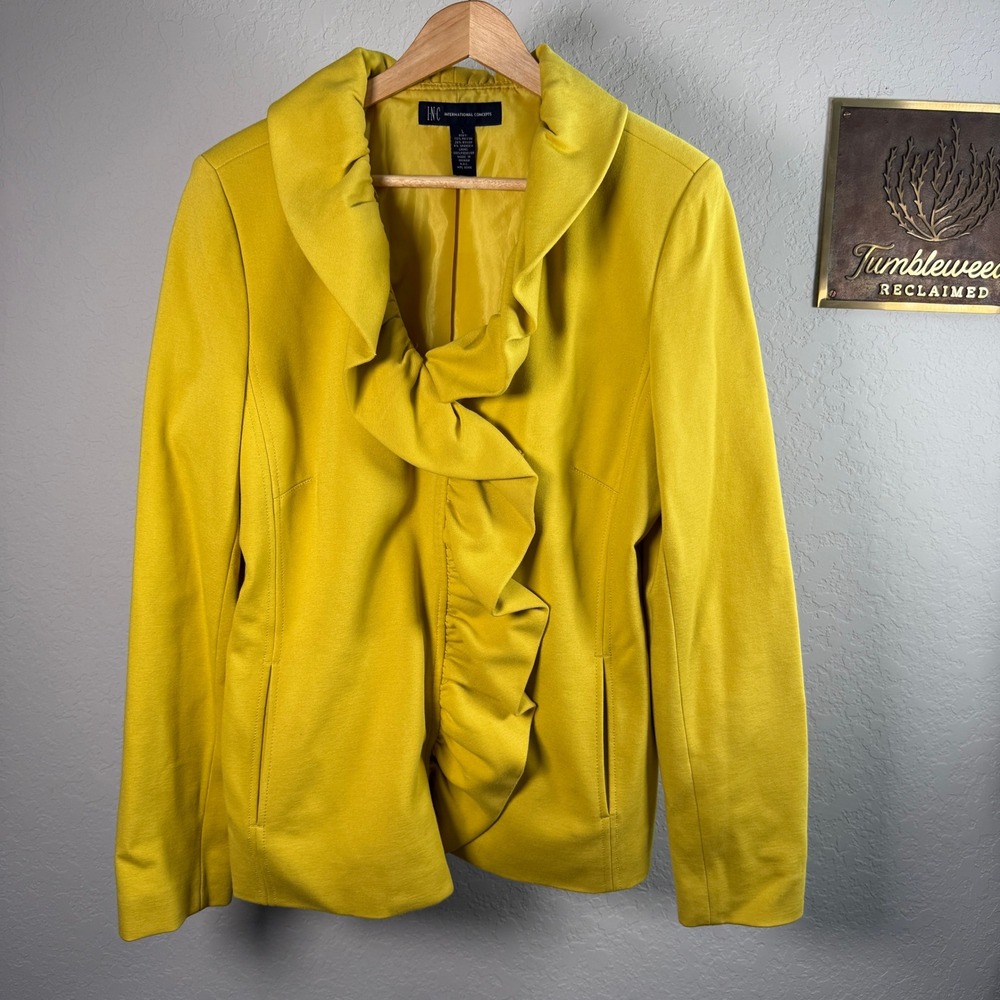 INC International Concepts Womens Yellow Ruffle Front Ponte Knit Jacket Large